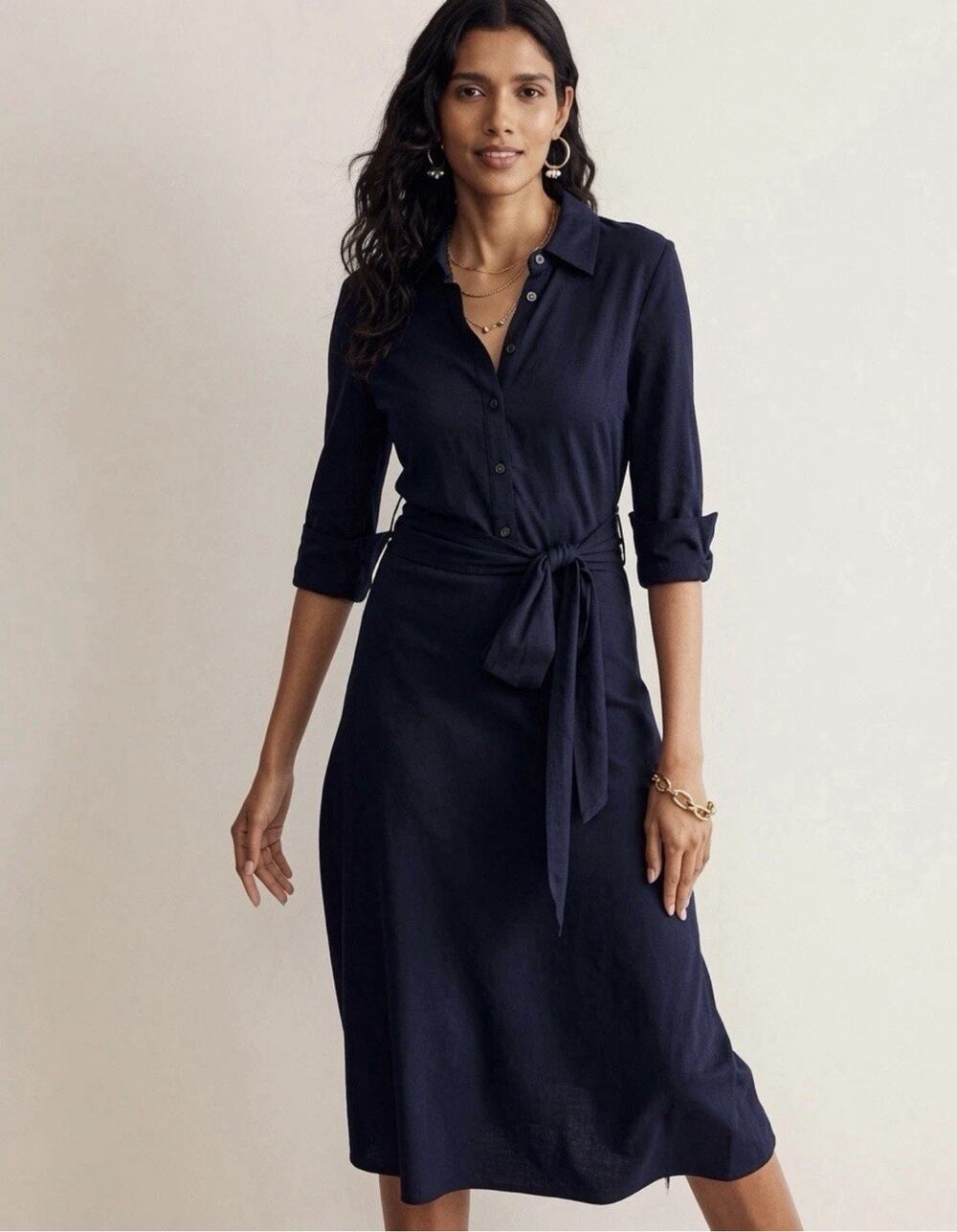 Boden Laura Navy Blue Jersey Midi Shirt Dress US 6R Modal Cotton Belted Collared